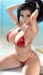  1girl adjusting_hair armpits arms_up bare_shoulders bikini bikini_under_clothes black_hair blue_eyes boku_no_hero_academia breasts cleavage closed_mouth cowboy_shot day large_breasts lips looking_at_viewer meekohopanes navel ocean outdoors patreon_username ponytail red_bikini sitting solo surfboard swimsuit thick_thighs thighs watch wristwatch yaoyorozu_momo 