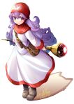  1girl boots breasts closed_mouth curly_hair dragon_quest dragon_quest_ii dress full_body hood long_hair looking_at_viewer muranako princess princess_of_moonbrook purple_hair smile solo staff 