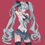  1girl 946083d1 arm_up armpits bare_shoulders black_skirt black_thighhighs blue_eyes blue_hair blue_nails blue_ribbon blue_skirt blush detached_sleeves eyelashes film_grain fingernails hair_between_eyes hatsune_miku hatsune_miku_(nt) headphones highres light_blue_hair long_eyelashes long_fingernails long_hair looking_at_viewer multicolored_clothes multicolored_skirt open_mouth red_background ribbon see-through simple_background skindentation skirt solo thighhighs twintails twintails_day upper_body very_long_hair vocaloid 
