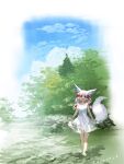  1girl :d animal_ears bangs bare_arms bare_shoulders blue_sky brown_eyes cloud commentary_request dated day dress fox_ears fox_girl fox_tail hair_between_eyes hair_ornament highres long_hair looking_at_viewer original outdoors see-through shallow_water skirt_hold sky sleeveless sleeveless_dress smile solo tail tail_raised wading water white_dress white_hair x_hair_ornament yuuji_(yukimimi) 