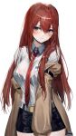  1girl bangs belt black_bra black_shorts blue_eyes blush bra bra_visible_through_clothes breasts brown_coat closed_mouth coat collared_shirt cowboy_shot embarrassed highres long_hair long_sleeves looking_at_viewer makise_kurisu medium_breasts necktie open_clothes open_coat poharo red_hair red_necktie see-through shirt short_shorts shorts simple_background solo steins;gate underwear very_long_hair white_background white_shirt 