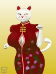  3:4 absurd_res anthro asian_clothing big_breasts breasts chinese_clothing chinese_dress cleavage_cutout clothed clothing collar curvy_figure domestic_cat dress east_asian_clothing eyelashes felid feline felis female floral_print fur hi_res huge_breasts mammal maneki-neko nails paw_pose pose sharp_nails slightly_chubby smile solo voluptuous whiskers white_body white_fur wonderofuwu 