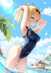  1girl armpits ass bangs blonde_hair blue_eyes blush brat_(brabrabrat00) breasts highres hololive kazama_iroha long_hair looking_at_viewer navel one-piece_swimsuit outdoors partially_submerged pokobee ponytail solo swimsuit unfinished virtual_youtuber 