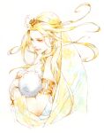  1girl armlet bangs blonde_hair bracelet closed_eyes cosmos_(dff) dissidia_final_fantasy dress earrings final_fantasy holding_baby jewelry long_hair mother_and_child nanami_(fuku) parted_bangs smile tiara upper_body veil white_background white_dress white_hair 