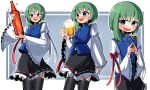  1girl absurdres alcohol asymmetrical_hair bangs beer beer_mug black_skirt black_thighhighs blue_eyes blue_vest blush bottle bow breasts buttons commentary_request cowboy_shot cup drunk epaulettes green_hair highres index_fingers_together long_sleeves looking_at_viewer mug multiple_views no_hat no_headwear open_mouth red_bow ribbon-trimmed_skirt ribbon_trim shiki_eiki shirt short_hair sidelocks skirt sleeve_bow small_breasts smile spam_(spamham4506) thighhighs touhou vest white_bow white_shirt wide_sleeves wine_bottle zettai_ryouiki 