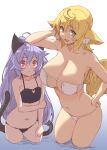  2girls animal_ear_fluff animal_ears bangs bikini black_bikini blonde_hair blush breasts closed_mouth cornet-san_(angelo) eyepatch_bikini flat_chest green_eyes hair_between_eyes hand_in_own_hair highres kaori-san_(angelo) large_breasts long_hair looking_at_viewer multiple_girls open_mouth original purple_hair red_eyes simple_background sketch swimsuit tail teeth upper_teeth wading water white_background white_bikini whoosaku 