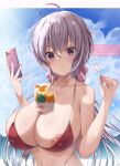  1girl amasora_taichi areola_slip bangs bare_arms bare_shoulders bikini blush breasts cellphone cleavage closed_mouth commentary_request covered_navel holding holding_phone huge_breasts long_hair outdoors phone purple_eyes purple_hair red_bikini senki_zesshou_symphogear smartphone solo spoon swimsuit upper_body yukine_chris 
