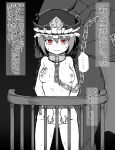  1boy 1girl bangs blush breasts chain closed_mouth commentary_request completely_nude cowboy_shot frilled_hat frills greyscale hat highres kuro_megane loincloth monochrome nipples nude railing red_eyes restrained shiki_eiki short_hair small_breasts solo_focus spot_color stocks touhou translation_request trembling 