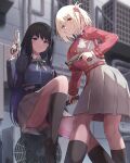  2girls absurdres belt black_belt black_hair black_socks blonde_hair blue_dress bob_cut brown_eyes collared_shirt dress finger_on_trigger green_ribbon grey_dress gun hair_between_eyes hair_ribbon handgun highres holding holding_gun holding_weapon hore_(user_frns7872) inoue_takina kneehighs long_hair lycoris_recoil multiple_girls neck_ribbon nishikigi_chisato no_shoes outdoor_unit pleated_dress purple_eyes purple_ribbon red_belt red_dress red_ribbon ribbon school_uniform shirt short_hair sitting smile socks thighs trigger_discipline two-tone_dress weapon white_shirt 