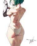  1girl backboob breasts dimples_of_venus from_behind green_hair highres muscular muscular_female panties puk_(puk_2020) sei_asagiri short_hair signature solo thigh_gap thighs topless underwear va-11_hall-a white_background white_panties 