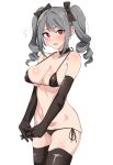  1girl absurdres bangs bare_shoulders bikini black_bikini black_bow black_choker black_gloves blush body_blush bow breasts choker cleavage collarbone drill_hair elbow_gloves gloves grey_hair hair_bow highres idolmaster idolmaster_cinderella_girls kanzaki_ranko large_breasts looking_at_viewer micro_bikini parted_lips red_eyes seihekiog side-tie_bikini sideboob simple_background solo swimsuit thighhighs thighs twintails underboob white_background 