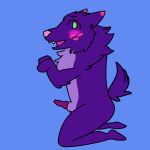  anthro blush bodily_fluids butt canid canine canis digital_media_(artwork) ears_down embarrassed eobi erection fur genital_fluids genitals green_eyes looking_at_viewer male mammal nude open_mouth penis pivoted_ears purple_body purple_fur simple_background smile solo tuft wolf 