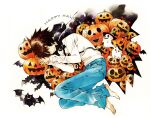  1boy bags_under_eyes barefoot bat_(animal) black_cape black_eyes black_hair blue_pants cape curled_up death_note denim full_body hair_between_eyes halloween happy_halloween jack-o&#039;-lantern jeans l_(death_note) long_sleeves looking_at_viewer male_focus nanami_(fuku) own_hands_together pants shirt short_hair smile solo spiked_hair white_shirt 