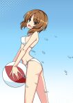  1girl :d ball beachball bikini blue_background breasts brown_eyes brown_hair commentary feet_out_of_frame from_side girls_und_panzer gradient gradient_background head_tilt highres holding holding_ball holding_beachball looking_at_viewer looking_to_the_side medium_breasts navel nishizumi_miho nobara_(kaidan2012) short_hair sideboob simple_background smile solo swimsuit water_drop white_bikini 