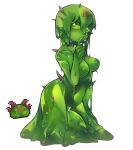  1girl bangs bar_censor breasts brown_eyes censored character_request collarbone colored_nipples colored_skin core finger_to_mouth full_body green_hair green_nipples green_pupils green_skin green_slime inverted_nipples looking_to_the_side medium_breasts monster_girl navel nipples nude nyong_nyong reference_inset short_hair simple_background slime_(substance) slime_girl solo terraria white_background 