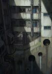  1girl absurdres air_conditioner black_hair building chinese_commentary city cityscape commentary_request door dress hang000 highres industrial_pipe original ruins scenery sewer shadow short_hair solo stairs white_dress wide_shot window 