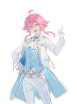  :d absurdres ahoge bangs blue_vest blush character_request commentary_request echj ensemble_stars! gloves green_eyes hair_between_eyes hand_on_hip hand_up highres index_finger_raised jacket long_hair looking_at_viewer open_clothes open_jacket pants pink_hair shirt simple_background smile vest white_background white_gloves white_jacket white_pants white_shirt 