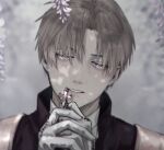  1boy absurdres bangs blurry brown_hair cross depth_of_field eyelashes flower gloves grey_background grey_hair half-closed_eyes heshikiri_hasebe highres holding interlocked_fingers light_particles looking_afar male_focus nature own_hands_together parted_bangs parted_lips portrait praying purple_eyes r_a_y0 rosary short_hair solo touken_ranbu white_gloves wisteria 