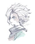  1boy asymmetrical_bangs bangs belafu_(human) blue_eyes burn_scar commentary_request grey_hair grey_scarf kwon_0019 made_in_abyss male_focus pale_skin parted_lips portrait scar scar_on_face scarf short_hair simple_background sketch solo twitter_username white_background 
