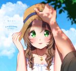  1boy 1girl adjusting_clothes adjusting_headwear aerith_gainsborough bangs blurry blurry_background blush breasts brown_hair cleavage cloud cloud_strife cloudy_sky dress final_fantasy final_fantasy_vii final_fantasy_vii_remake green_eyes grey_shirt hair_down hand_on_another&#039;s_head hat jewelry krudears leaf looking_at_viewer medium_breasts necklace out_of_frame outdoors parted_bangs parted_lips shirt sidelocks sky sleeveless sleeveless_dress star_(symbol) star_necklace sun_hat t-shirt tree upper_body wavy_hair white_dress 