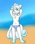  alolan_form alolan_vulpix anthro beach blue_eyes bulge clothing fiona_(artist) fubuki_(rushthewolf) fur hi_res leg_markings male markings nintendo one_eye_closed pok&eacute;mon pok&eacute;mon_(species) regional_form_(pok&eacute;mon) seaside socks_(marking) solo swimwear tongue tongue_out video_games white_body white_fur wink 