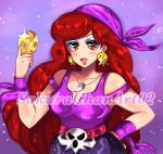  blue_eyeshadow captain_syrup coin curly_hair earrings eyeshadow hand_on_hip highres jewelry lipgloss lipstick long_hair makeup red_eyes red_hair red_lips sakurachanart02 solo wario_land wavy_hair 