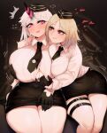  2girls abyssal_ship assisted_exposure bangs black_gloves black_necktie black_skirt blonde_hair blush breasts cleavage cosplay crossover embarrassed garrison_cap girls&#039;_frontline gloves hat highres horns huge_breasts kantai_collection large_breasts long_hair mp40_(girls&#039;_frontline) mp40_(girls&#039;_frontline)_(cosplay) multiple_girls necktie open_mouth pencil_skirt pink_eyes red_eyes seaport_princess shirt short_hair sidelocks sitting skirt swept_bangs thigh_strap uni_(oni_unicorn) very_long_hair white_hair white_shirt wide_hips 