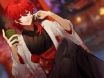  1boy artist_request cup diluc_(genshin_impact) earrings genshin_impact japanese_clothes jewelry kimono long_hair male_focus red_eyes red_hair smile solo source_request vision_(genshin_impact) 