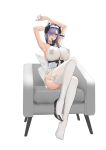  1girl absurdres alternate_breast_size armpits august_von_parseval_(azur_lane) azur_lane bare_arms bare_shoulders black_footwear black_ribbon breasts chair clothing_cutout commentary_request cross_pasties dress frills full_body guokui hair_ornament hair_over_one_eye high_heels highres horns huge_breasts mouth_hold pasties presenting_armpit purple_eyes purple_hair ribbon ribbon_in_mouth shoes shoes_removed simple_background sitting solo thighhighs underboob underboob_cutout white_background white_dress white_thighhighs 