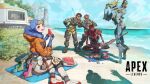  2girls 4boys absurdres android apex_legends ash_(titanfall_2) bandana black_hair blonde_hair blush bodysuit clone food fruit goggles goggles_on_head highres hood hood_up hooded_jacket humanoid_robot jacket laughing looking_to_the_side mirage_(apex_legends) multiple_boys multiple_girls nemoto_yuuma nessie_(respawn) official_art open_mouth orange_jacket pathfinder_(apex_legends) promotional_art red_bandana revenant_(apex_legends) science_fiction shadow shoes simulacrum_(titanfall) sitting smile sneakers storm_point_(apex_legends) stuffed_toy suikawari watermelon wattson_(apex_legends) white_bodysuit white_footwear wraith_(apex_legends) yellow_bodysuit 