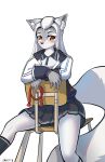  absurd_res accessory anthro bottomwear canid canine canis chair clothing female furniture gfox404 hair_accessory hair_ribbon hakuro_(onmyoji) hi_res jacket mammal on_chair red_eyes ribbons simple_background sitting sitting_on_chair skirt solo thigh topwear wolf 