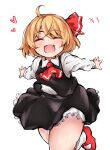 1girl ascot black_skirt blonde_hair closed_eyes fang hair_ribbon happy heart highres open_mouth outstretched_arms red_footwear retoruto ribbon rumia shoes short_hair skirt solo touhou vest white_background 