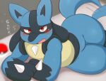  2022 3_fingers ai_only_dream amber_eyes anthro blue_body blue_ears blue_tail blush bodily_fluids fingers flying_sweatdrops fur hi_res japanese_text looking_at_viewer lucario nintendo pok&eacute;ball pok&eacute;mon pok&eacute;mon_(species) solo standard_pok&eacute;ball sweat sweatdrop tail_motion tailwag text thick_thighs translation_request video_games white_text 