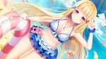  1girl bangs bikini blonde_hair blunt_bangs breasts cleavage cloud hair_ornament innertube long_hair matatabi_maru navel ocean original red_eyes skirt sky solo swimsuit v 