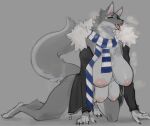  &lt;3 2022 all_fours anthro biped bodily_fluids bottomless bottomless_anthro bottomless_female breasts breath canid canine canis claws clothed clothing digital_media_(artwork) digitigrade female finger_claws fur grey_body grey_breasts grey_fur hi_res jacket lvlirror mammal multi_breast nipples pawpads paws saliva saliva_string scarf solo toe_claws topwear wolf yellow_eyes 