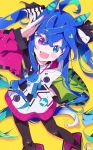  1girl :d absurdres ahoge animal_ears bangs black_pantyhose blue_eyes blue_hair blue_nails blush bokkun_(doyagaobyo) boots bow commentary_request crossed_bangs dot_nose feet_out_of_frame fingernails hand_on_hip hand_to_forehead hand_up heterochromia highres horse_ears horse_girl jacket long_hair long_sleeves looking_at_viewer messy_hair multicolored_bow multicolored_hair open_mouth pantyhose purple_eyes sharp_teeth sidelocks simple_background smile solo standing streaked_hair stuffed_animal stuffed_bunny stuffed_toy teeth twin_turbo_(umamusume) twintails umamusume upper_teeth very_long_hair white_hair yellow_background 