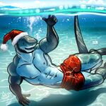  abs anthro bgn biceps christmas christmas_clothing christmas_headwear clothing fish hat headgear headwear hi_res holidays lamniform looking_at_viewer male marine muscular muscular_anthro muscular_male nipples pecs santa_hat shark smile solo swimwear thresher_shark underwater water 