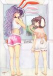  2girls animal_ears bangs barefoot bloomers bra breasts bright_pupils brown_hair brushing_teeth commentary_request faucet floppy_ears frilled_sleeves frills full_body highres inaba_tewi long_hair looking_at_viewer looking_back medium_breasts mirror multiple_girls open_mouth painting_(medium) pink_shirt pink_shorts purple_hair rabbit_ears rabbit_girl rabbit_tail red_eyes reisen_udongein_inaba shirt short_hair shorts signature tail touhou traditional_media underwear uryan! watercolor_(medium) white_bra white_pupils 