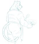  anthro apron axel blue_and_white clothing cooking felid horrorbuns low_res male mammal monochrome pantherine remember_the_flowers solo spatula tiger tools 