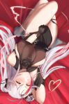  1girl antenna_hair azur_lane black_dress black_gloves black_ribbon breasts cafenami clothing_cutout dress evening_gown gloves hair_ribbon heart highres large_breasts long_hair looking_at_viewer lying multicolored_hair official_alternate_costume on_back prinz_eugen_(azur_lane) prinz_eugen_(cordial_cornflower)_(azur_lane) red_hair ribbon shoulder_cutout solo streaked_hair thighs two-tone_hair upside-down white_hair yellow_eyes 