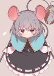  1girl absurdres animal_ears basket capelet dowsing_rod dress e_sdss from_above frown grey_hair highres jewelry looking_at_viewer mouse mouse_ears mouse_tail nazrin necklace pendant red_eyes simple_background solo tail touhou v-shaped_eyebrows 