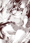  0-den 1girl absurdres animal_ears bow breasts cleavage cowboy_hat grin hair_bow hat highres horse_ears kurokoma_saki large_breasts long_hair monochrome motion_lines smile solo thick_thighs thighs touhou uneven_eyes wings 