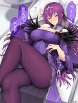  1girl bangs bare_shoulders breasts cleavage detached_collar dress fate/grand_order fate_(series) feather_trim hair_between_eyes jewelry large_breasts long_hair long_sleeves looking_at_viewer open_mouth pantyhose pendant purple_dress purple_hair purple_pantyhose red_eyes scathach_(fate) scathach_skadi_(fate) solo speech_bubble thighs tiara translation_request unadon 