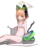  1girl absurdres animal_ear_headphones animal_ears bangs bikini blonde_hair blue_archive blue_bow blush bow breasts closed_mouth commentary_request fake_animal_ears feet_out_of_frame food green_eyes hair_bow halo highres holding holding_food jacket long_sleeves looking_at_viewer midori_(blue_archive) off_shoulder popsicle shadow sidelocks simple_background sitting small_breasts solo striped striped_bikini swimsuit tail tota_(sizukurubiks) white_background white_jacket wide_sleeves 