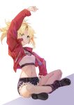  1girl absurdres arm_up bandeau bangs belt blonde_hair blue_shorts boots braid breasts cutoffs denim denim_shorts fate/apocrypha fate/grand_order fate_(series) french_braid green_eyes highres jacket jewelry long_hair long_sleeves looking_at_viewer mordred_(fate) mordred_(fate/apocrypha) mordred_(memories_at_trifas)_(fate) navel necklace open_clothes open_jacket open_mouth parted_bangs ponytail red_jacket short_shorts shorts sidelocks sitting small_breasts solo zuihou_de_miao_pa_si 