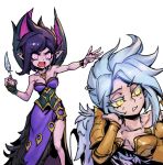  2girls armor bangs bare_arms bare_shoulders breastplate breasts cleavage collarbone dress feathers feet_out_of_frame gold_armor grey_background grey_hair holding holding_feather kayle_(league_of_legends) large_breasts league_of_legends looking_at_another morgana_(league_of_legends) multiple_girls off-shoulder_dress off_shoulder open_mouth phantom_ix_row pink_dress pink_eyes pointy_ears purple_hair shiny shiny_hair shoulder_armor siblings simple_background sisters standing teeth wrist_cuffs yellow_eyes 