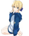  1girl ahoge alternate_costume artoria_pendragon_(fate) blonde_hair blue_hoodie blue_ribbon fate/grand_order fate_(series) green_eyes hair_bun hair_ribbon hood hood_down hoodie long_sleeves maru_(pixiv51714255) ribbon saber seiza single_hair_bun sitting solo two-tone_hoodie white_hoodie 