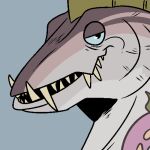  anthro blue_background fangs fish frill_(anatomy) glistening glistening_eyes green_frill grey_body head_crest head_frill headshot_portrait imperatorcaesar looking_at_viewer low_res marine narrowed_eyes portrait sharp_teeth side_view simple_background solo teeth 