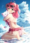  1girl 35p_(sakura_miko) ahoge ass bikini blush breasts cloud eyewear_on_head feet flower frilled_bikini frills green_eyes hair_between_eyes hair_flower hair_ornament hairclip highres hololive hug long_hair looking_at_viewer niwasane_(saneatsu03) ocean pink_hair sakura_miko sky solo swimsuit thighs virtual_youtuber wet 