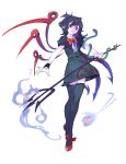  1girl asymmetrical_wings black_dress black_hair blue_wings bow bowtie dress full_body highres houjuu_nue iovebly polearm red_bow red_bowtie red_eyes red_footwear shoes short_dress snake solo thighhighs touhou trident weapon wings zettai_ryouiki 